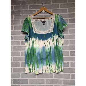 Deluxe L.A.‎ Blues Womens Tie Dye Crochet Neck Puff Short Sleeve Top Size 22/24